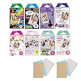 Fujifilm Instax Mini Film 8 Pack Bundle! Rainbow, Candy Pop, Stained Glass, Shiny Star, Disney Alice, Comic, Airmail, Stripe 10 X 8 = 80 Sheets Assort Set + withC Microfiber + Stickers 40 pcs.