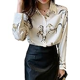 Womens Button Down V Neck Shirts Long Sleeve Casual Dressy Horse Printed Blouses Tops