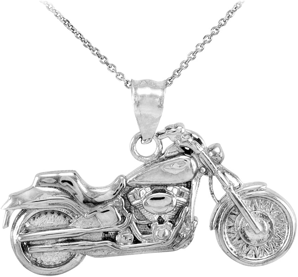 14k White Gold High Polish Biker Charm Motorcycle Pendant Necklace, 16