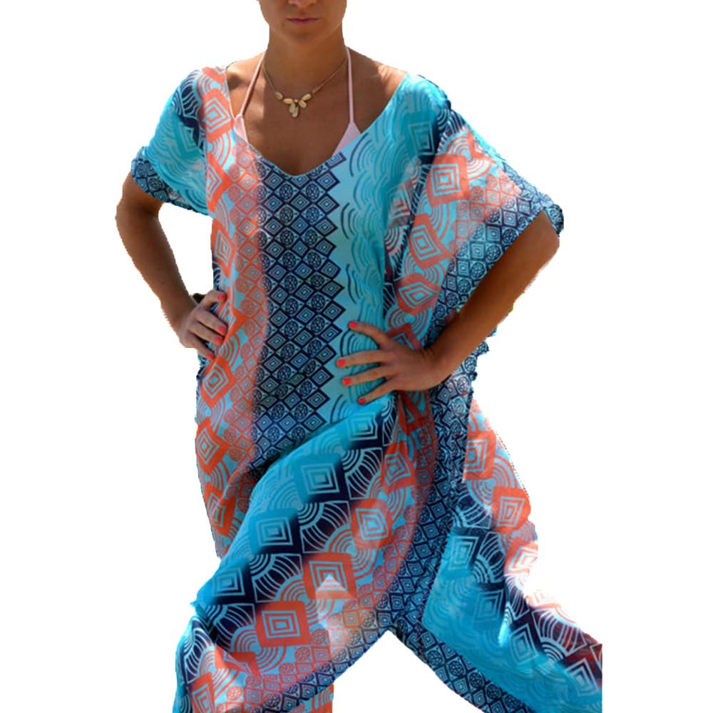 Beach Bikini Cover Up Women Chiffon Beach Dress Kaftan Sarong Tunic Swimsuit Swimwear 4 Patterns (Blue, One Size)