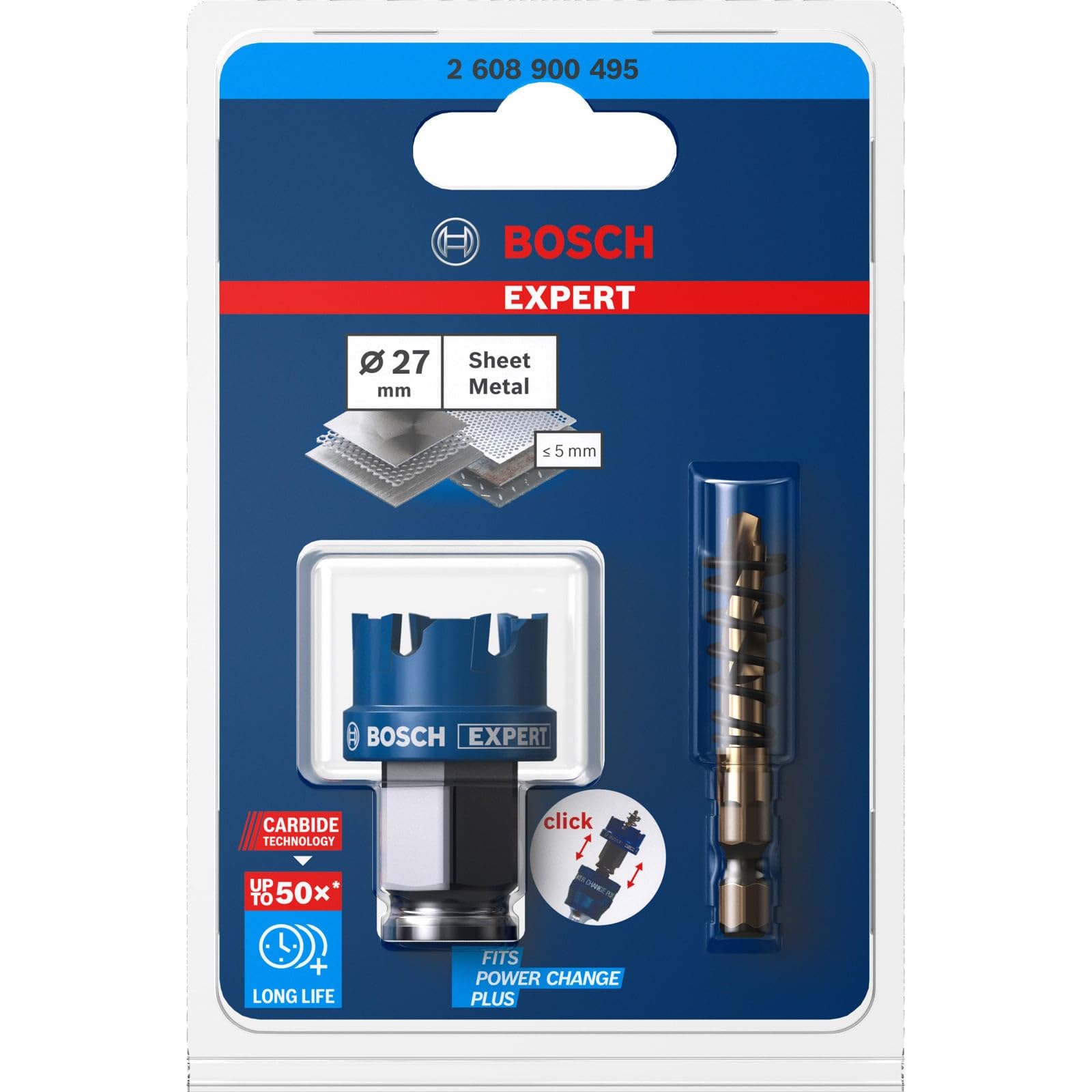 Bosch 1x EXPERT Sheet Metal Hole Saw For Power Change Plus Systems (for Stainless steel sheets, Steel sheets, Ø 27 mm, Professional Accessory Rotary Drill/Drivers)