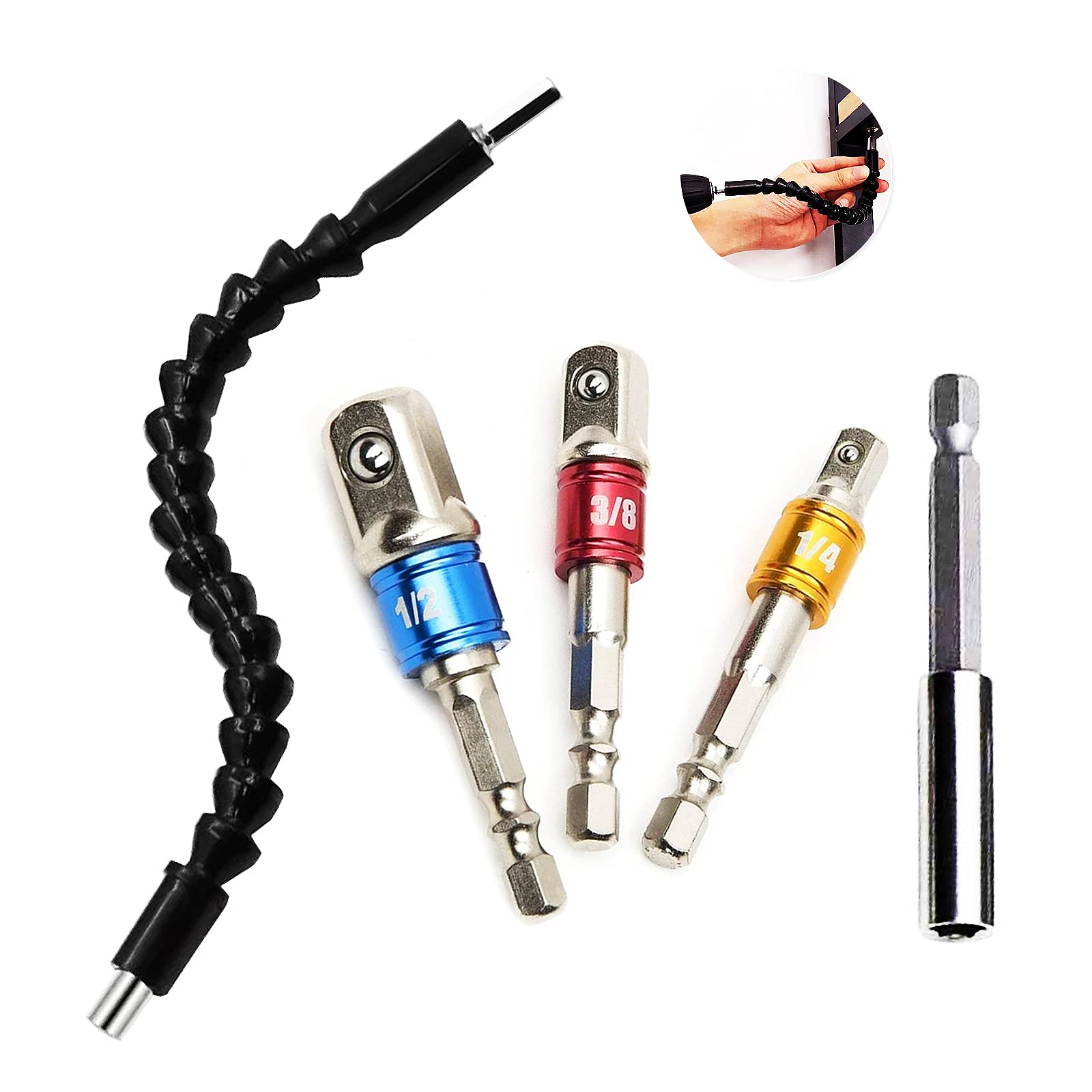 Flexible Drill Bit Extension + Impact Driver Socket Adaptor Bits Set 3PCS+ Magnetic Quick Release Drill Bit Holder 1/4 Inch Hex Shank Drill Bit Holder Screwdriver Bits Holder 60mm