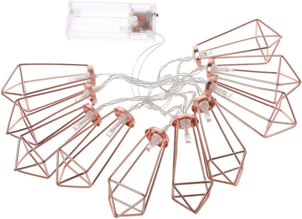 5 FT 10 LED String Lights Battery Operated with Rose Gold Metal Geometric Cage Boho Starry Fairy Lights Great for Home Patio Bedroom Garden Camping Wedding Party Indoor Valentine's Day Decoration (Warm white)