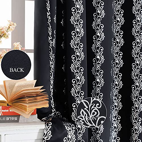 Estelar Textiler Blackout Window Curtains Silver Wave Flower Print Grommet Blackout Curtains Thermal Insulated Drapes Blinds for Bedroom Sliding Patio Door 38 x 84 Inch Black 2 Panels