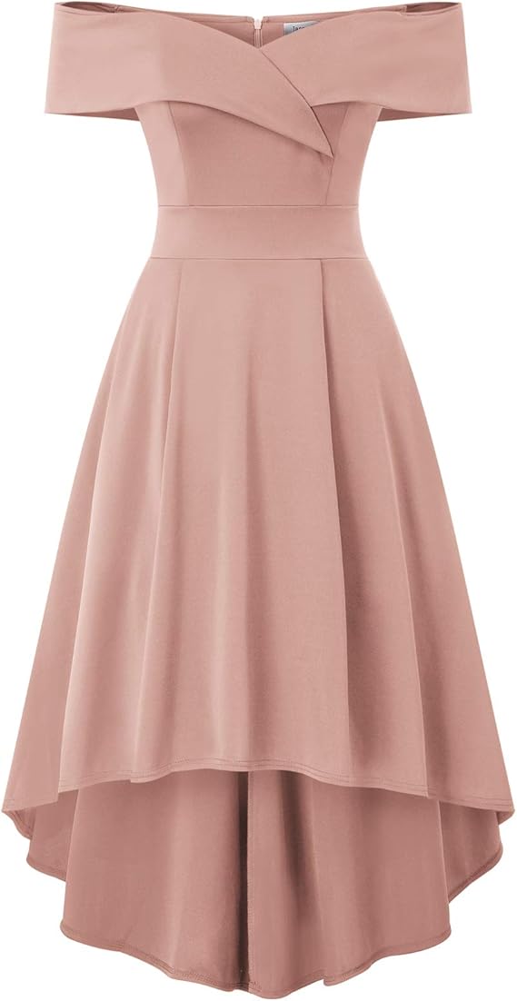 JASAMBAC Cocktail Dresses for Women Off Shoulder Short Sleeve A-Line High Low Formal Dress Pink 