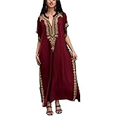 KECVOT Kaftan Dresses for Women Embroidered Short Sleeve V-neck Plus Size Caftan Bikini Swimsuit Cover-Up Long Beach Dress