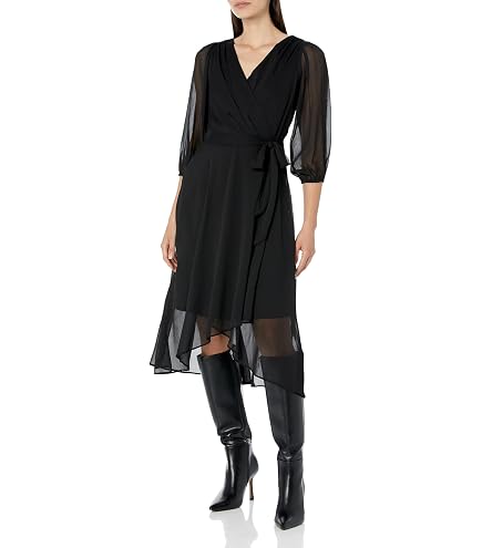 DKNY Women's Chiffon Balloon Sleeve Faux Wrap Midi Dress with High-Low Hem, Moonlight Multi, 4 : Clothing, Shoes & Jewelry