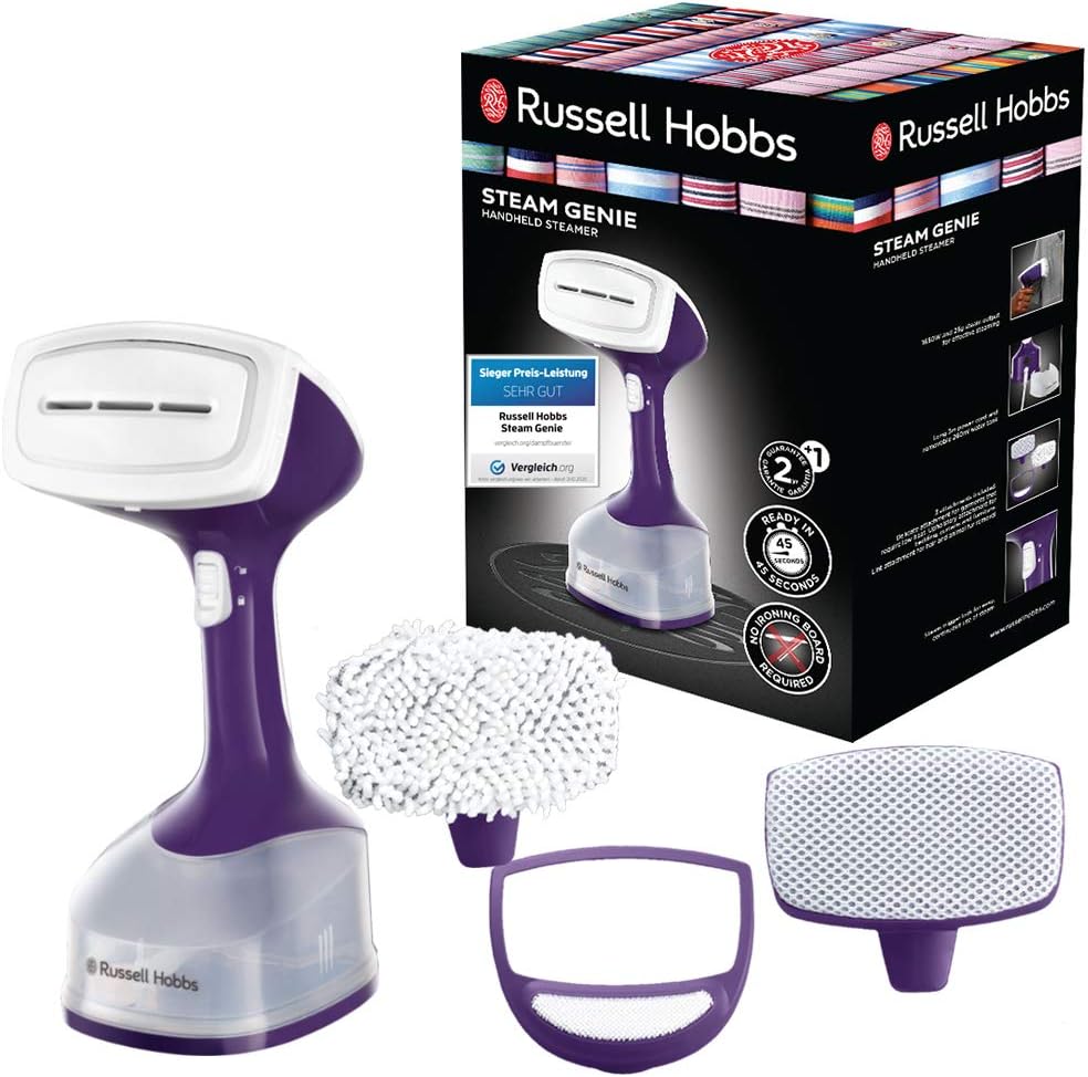 Russell Hobbs Dampfglätter Bügeleisen Steam Genie (1.650 Watt, schnellaufheizend, 25g/min Dampf, 260ml Wassertank), inkl. 3 Aufsätze - für Kleidung, Vorhänge, Polstermöbel, Dampfbügeleisen 25600-56