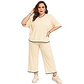 Istylish Plus Size 2 Piece Outfits for Women Lounge Sets Top 3/4 Batwing Sleeve Pant Suit Wide Leg Loungewear Pantsuits