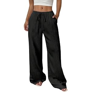 Elastic Waist Lightweight Flowy Wide Leg Palazzo Trousers, Pocketed Pants for Womens Summer Beach Casual Trips