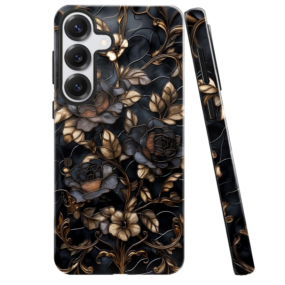 Photo 1 of Case for Samsung Galaxy S25,Stained Glass Gold Dark Academia Flower Phone Case Military-Grade Drop Protection Cover for Women Girl - Glossy