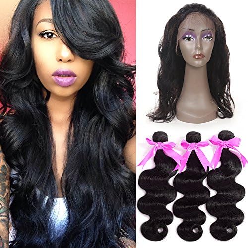 ANNMODE hair Pre Plucked (22.542) 360 Lace Frontal Band with 3 Bundles Body Wave Brazilian Virgin Hair 4Pcs Lot Human Hair Wefts with Full Lace Frontal Natural Hairline&amp;Baby Hair 16 18 20+18inch