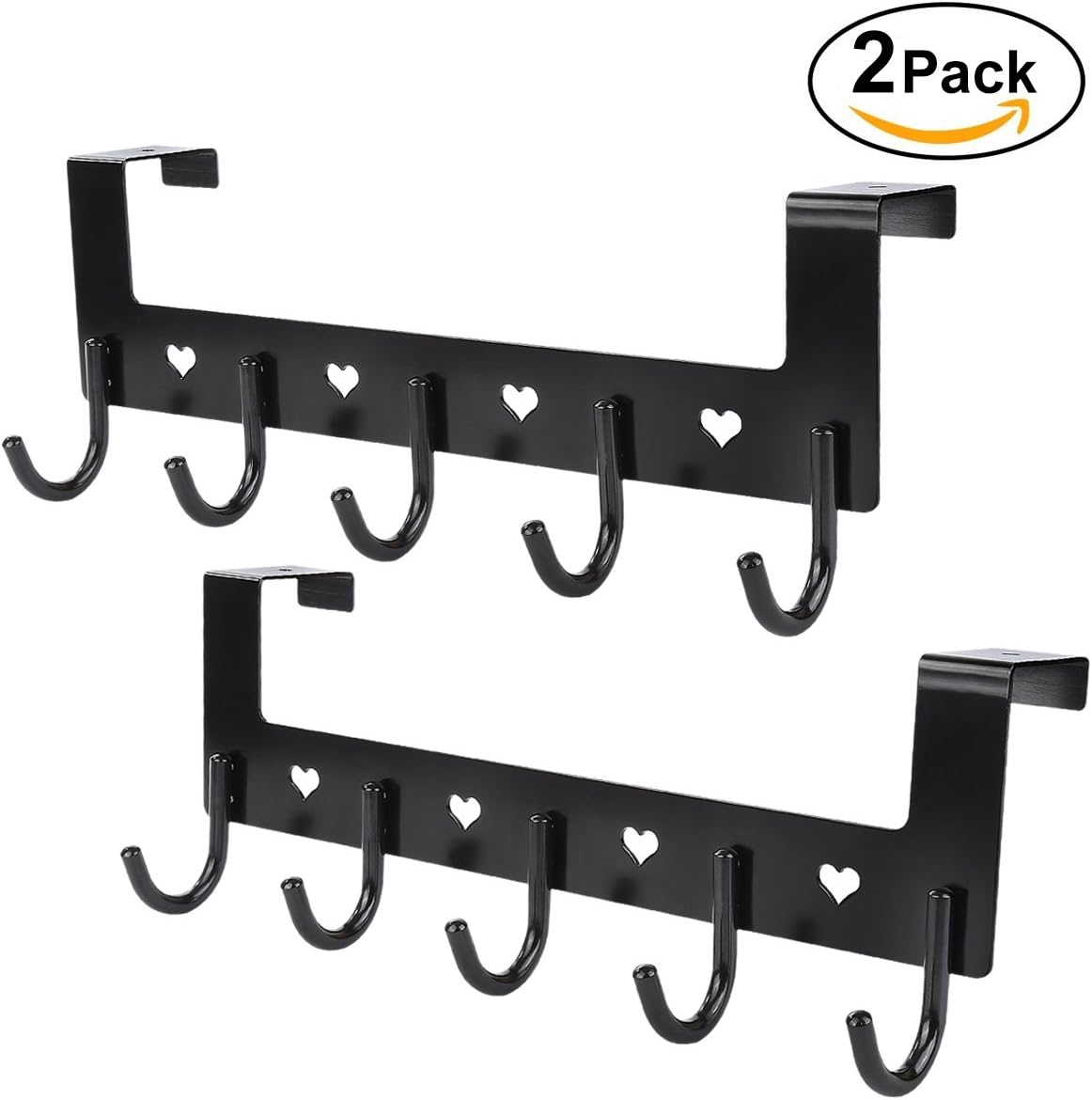 Over The Door Hook, oobest 2 Pack Hanger Two Tiers with 5 Hooks for Coat, Hat, Clothes, Belt, Towels Fit for 1.77" Door Thickness, Brush Finish Black