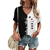 Women's V Neck Christmas T-Shirt Winter Casual Funny Family Xmas Party Short Sleeve Graphic Tees Tops