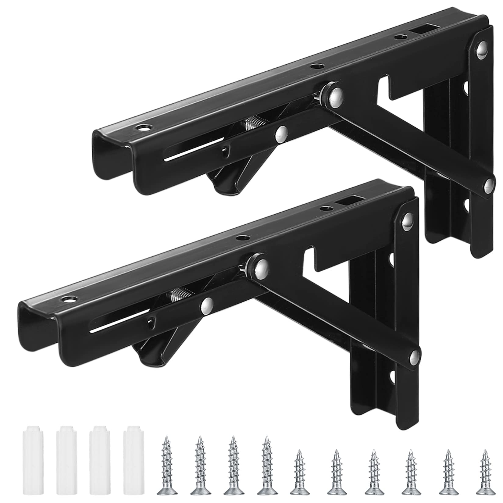 Folding Shelf Brackets, 2pcs Heavy Duty Collapsible Shelf Brackets, Folding Brackets Wall Mounted Triangle Shelves Bracket Supports for Bench Table Shelf, Black, Max Load 80kg (20cm/7.87 Inch) — image 1
