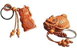 AEINIWERAABBCC Wixine 2Pcs Dragon Turtle Statue Wood 3D Keychain & Peach Wood Carving Lucky Fortune Cat Pendant Keychain