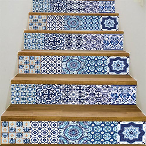 VancyTop Chinese Style Green Flower Porcelain Pattern Stair Stickers Self-adhesive DIY Removable Wall Decals 18100cm6pcs/set