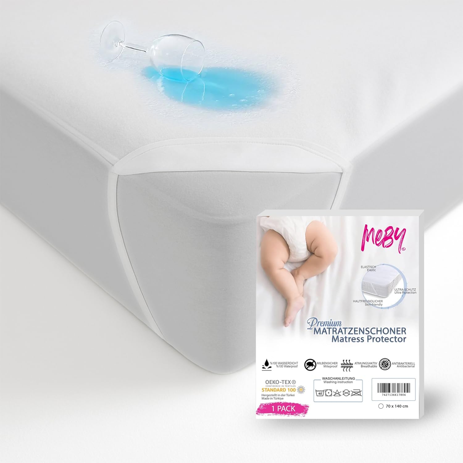MEBY 70 x 140 cm Waterproof Mattress Protector for Baby. Breathable Cotton Mattress Protector, Waterproof, Moisture Protection, Elastic, Crinkle-Free Incontinence Pad