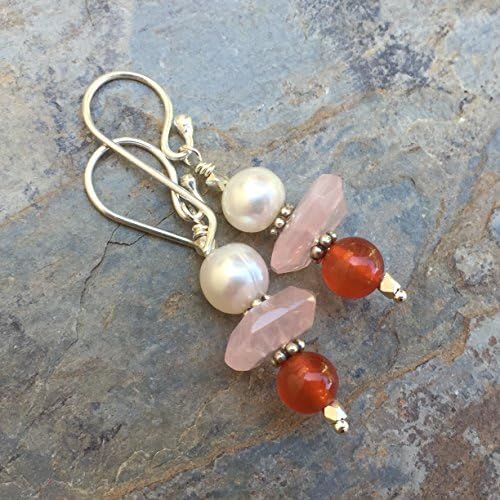 Rose Quartz, Carnelian and Pearl Earrings with Sterling Silver