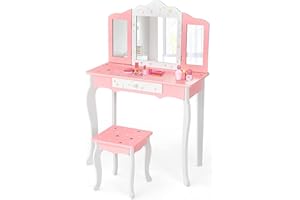HONEY JOY Kids Vanity, Wooden Princess Makeup Dressing Table with Stool & Drawer, Tri-Folding Mirror, Detachable Top, Toddler Pretend Play Vanity Set for Little Girls (Pink)