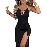 SweatyRocks Women's Halter Backless Sexy Midi Dress Chain Bodycon Party Cocktail Dresses with Slit