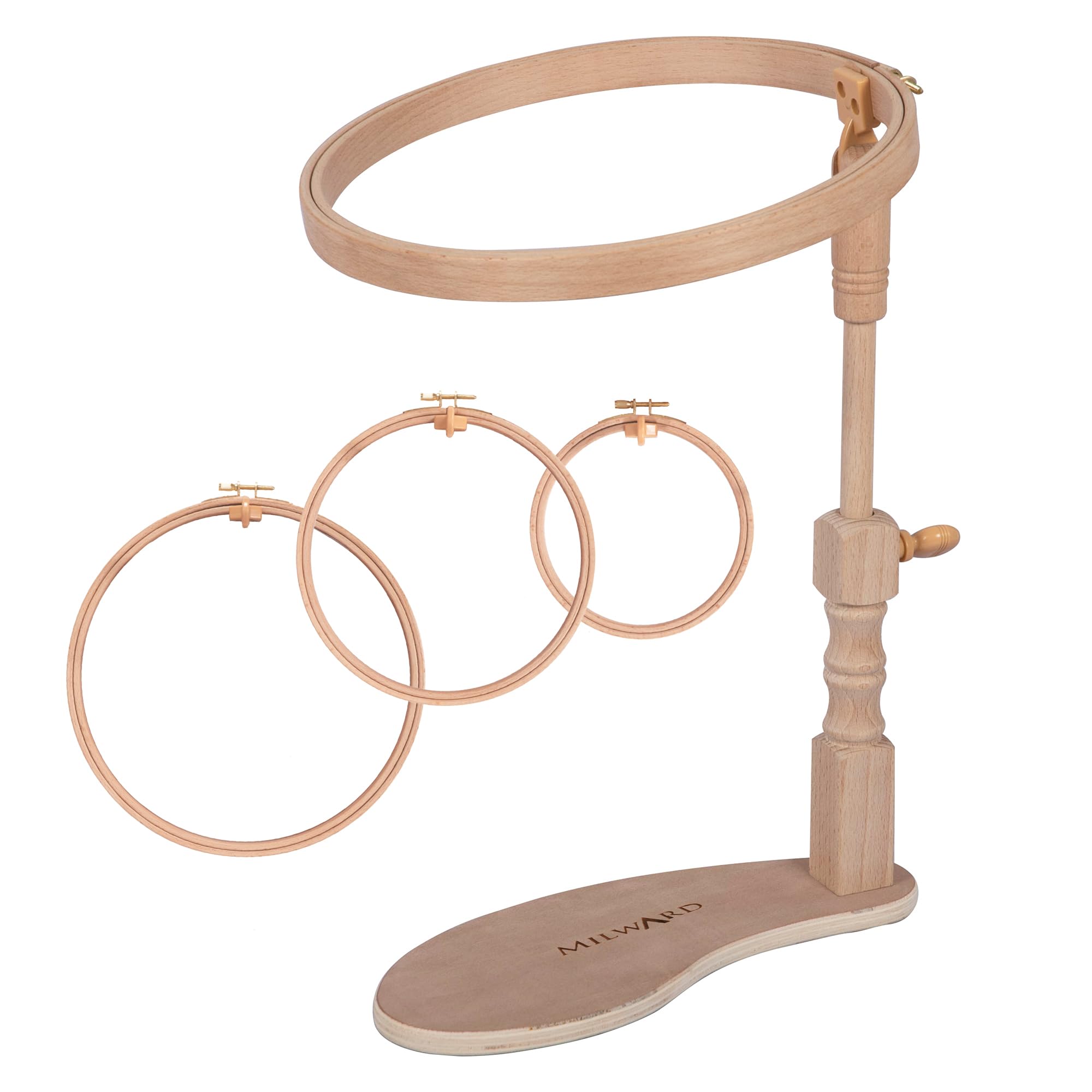 MILWARDS Hands Free Adjustable Seat Frame, Lap Stand, Rotated Cross Stitch Holder, Beech Wood, with 3 Hoops 6",8",10"