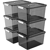 JUJIAJIA 19 Quart Stackable Plastic Storage Bins with Lids, 6 Pack Clear Black Organizer Boxes with Secure Latches for Garage, Tools, Closet, Office, Durable Storage