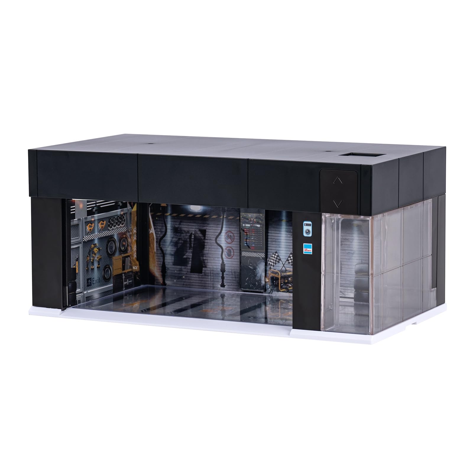 Photo 1 of 1:64 Scale Diecast Model Car Display display cabinet for hot wheel storage with LED lights, voice controlled stackable electric garage, 3 replaceable scene parking lot background models(Black)