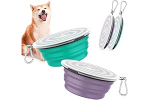 Pawaboo Collapsible Dog Bowls 2 Pack, Silicone Feeding Watering Bowls with Lids & Carabiners for Dogs Cats, Portable Collapsable Water Feeder Food Bowl for Walking Traveling Home Use, VioletTurquoise