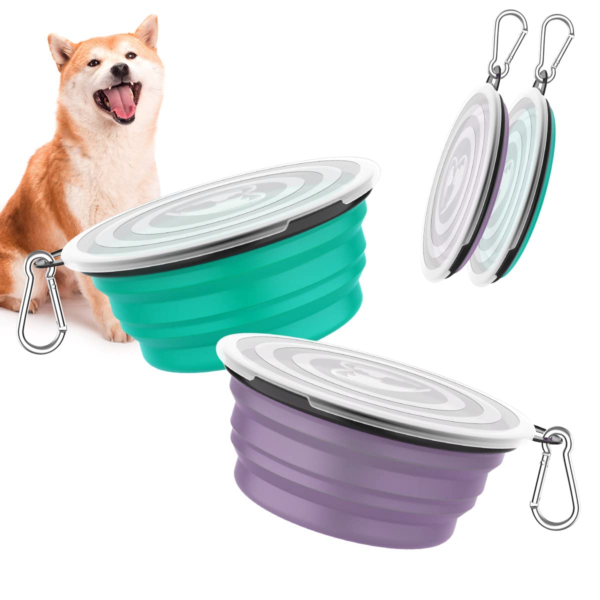 Photo 1 of Pawaboo Collapsible Dog Bowls 2 Pack, Silicone Feeding Watering Bowls with Lids & Carabiners for Dogs Cats, Portable Collapsable Water Feeder Food Bowl for Walking Traveling Home Use, VioletTurquoise