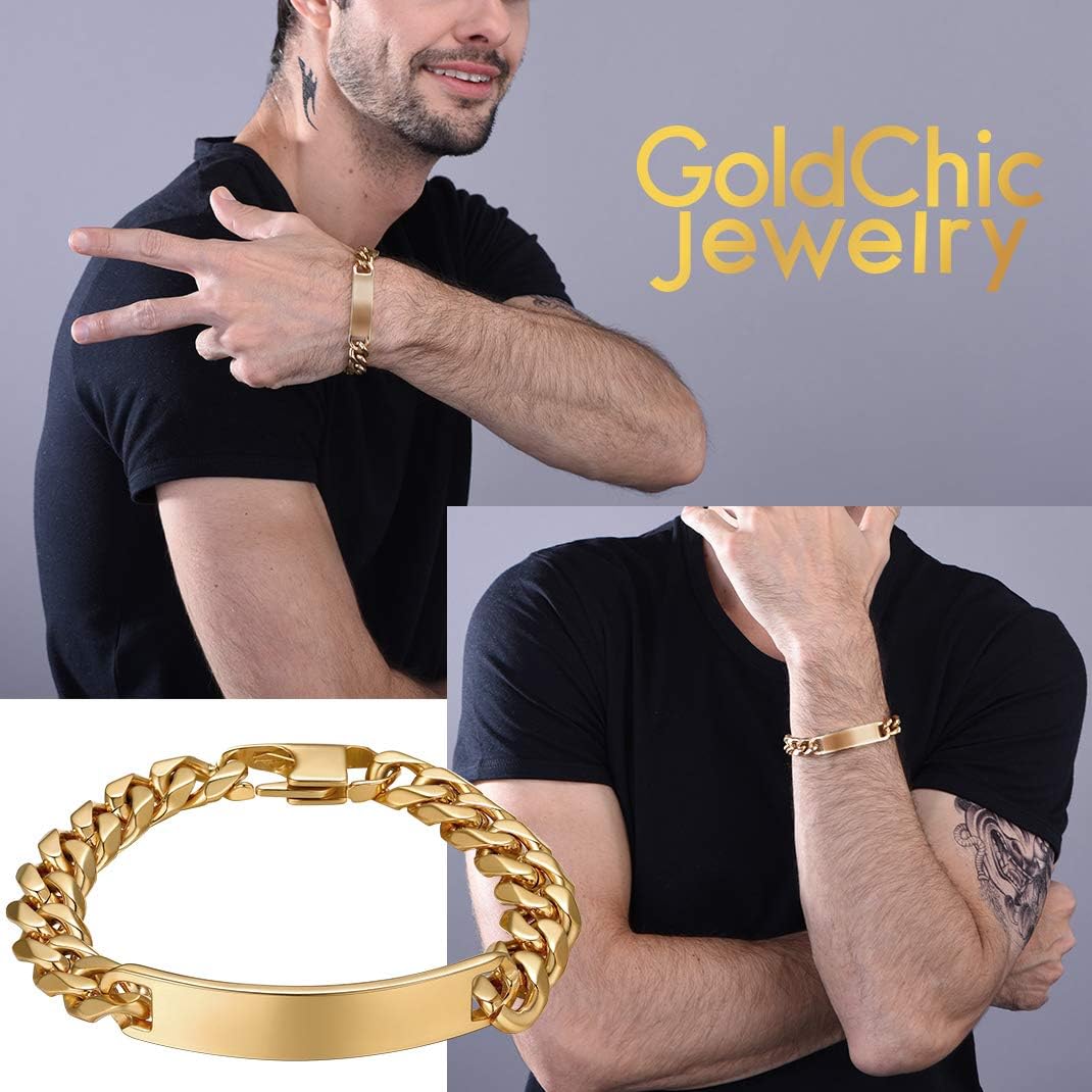GoldChic Jewelry Men's Gold ID Bracelet, 10mm Name Cuban Chains with Nameplate For Boy, 10mm - Gold, 19cm - Image 3