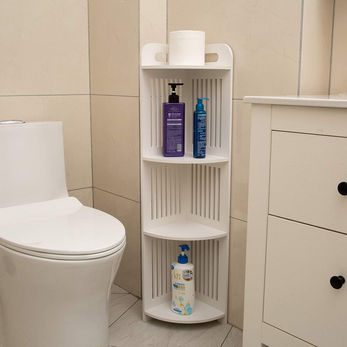 (98x22x22cm XXL) White Wood 4 Tier Carved Corner Shelf stand Unit