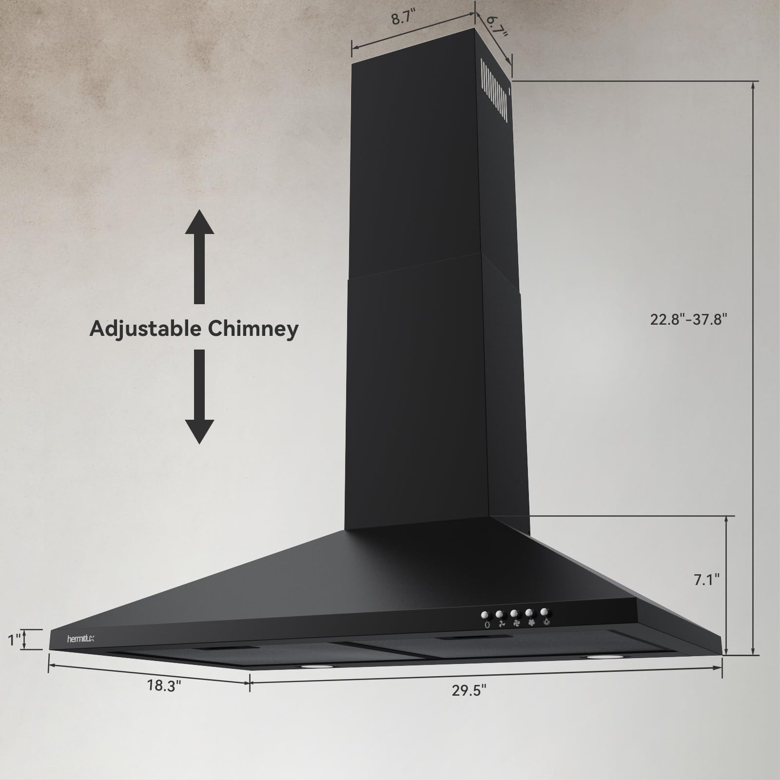 Hermitlux Range Hood 30 inch, Wall Mount Vent Hood for Kitchen with Charcoal Filter, Ducted/Ductless Convertible, Black
