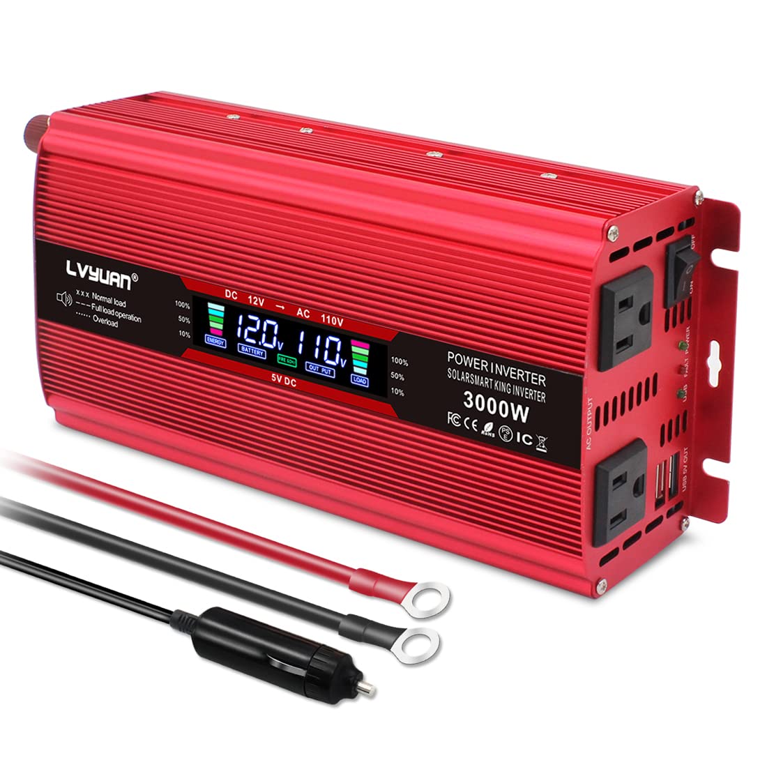 Photo 1 of Yinleader Power Inverter 1500W/3000W DC 12V to 110V AC Car Converter with Intelligent LCD Display Dual AC Outlets Dual USB Charging Port for for RV Truck Laptop(Red)