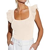 BONITEE Women Summer Ruffle Tops Sexy Square Neck Short Sleeve Shirts Trendy Casual Ribbed Slim Fitted Knit Tees Blouse