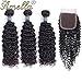 Amella Hair Brazilian Curly Virgin Hair Weave 3 Bundles with 4X4 Lace Closure 8A Brazilian Kinky Curly Hair Weave Bundles Natural Color(12 14 16+10Free Part Closure)