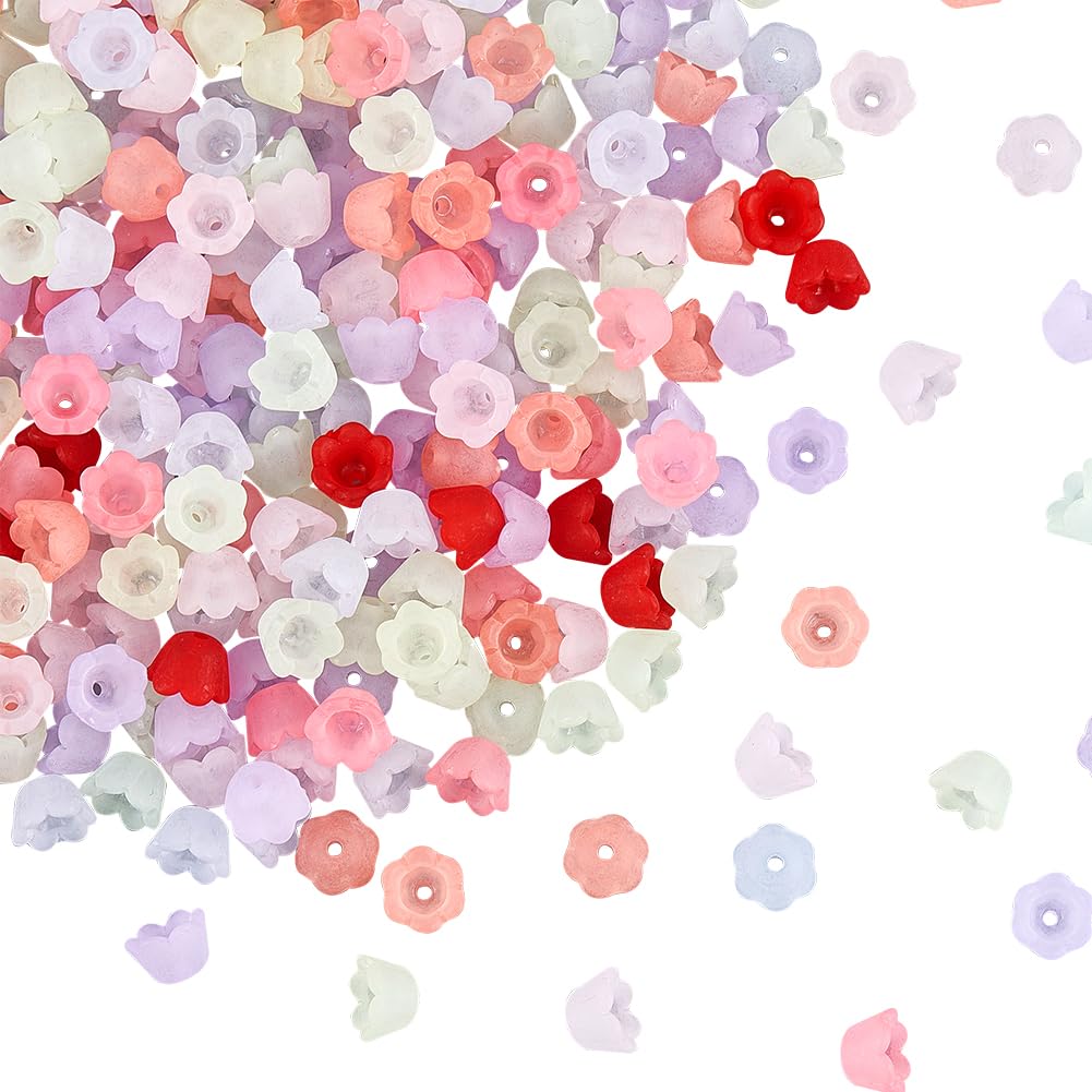 SOFPLATE 600Pcs Acrylic Bead Caps Plastic Flower Beads Bulk Colorful Frosted Bell Tulip Flowers Lily Floral Spacer Loose Bead End Caps for jewellery Making Earrings Bracelets Women Adult DIY Crafts