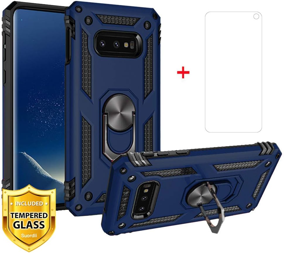Case for Samsung Galaxy S10e, Galaxy S10e Phone case, Suordii Military Armor Dual Layer Cover with Tempered Galss Screen Protector, 360 Degree Ring Grip Holder Stand - Blue