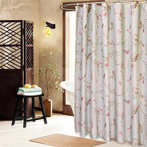 Zhomesupplies 100% Polyester Blue Shower Curtain Red Birds Butterfly White Flower Pattern Opaque Waterproof Fabric For Hotal Home Bathroom Washroom Decoration With Enough Rings Hooks, 180*200cm