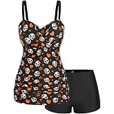 ROSE GAL Rosegal Plus Size Women 2 Piece Swimsuit Skull Heart Print Ruched Tummy Control Tankini Swimwear