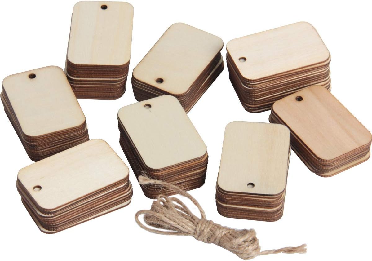yalansmaiP 100 Pcs Unfinished Wood Rectangle Pieces Blank Wooden Hanging Tags Wood Gift Tags Natural Wood Ornaments with Hole&2M Hemp Rope for Hanging&Wedding Decor,Craft Projects(2.05x1.34 inch)