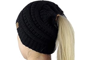 CC Style Ponytail Messy Bun Beanie Hat with Elastic Top Hole, Outdoor Fashion Autumn Winter Wear Toque with C.C Tag