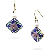 Asian Floral Earrings with Pearl - Cloisonne Bead - Deep Blue