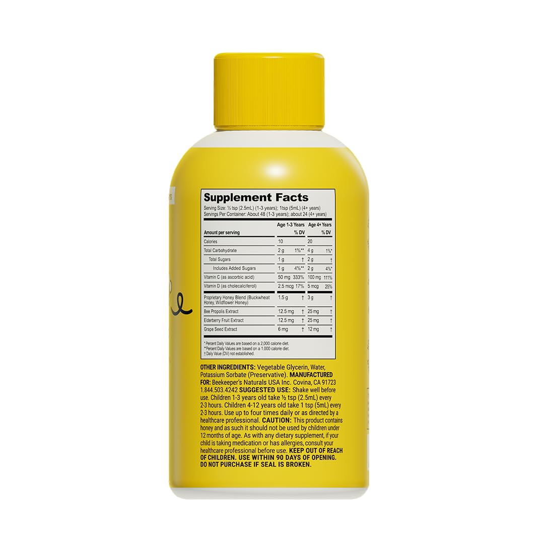 Beekeeper's Naturals Propolis Honey Cough Syrup Daytime for Kids Immune Support with Elderberry, Vitamin C, Vitamin D & Raw Honey - Throat Soothing - Gluten Free & Clean Ingredients, 4 oz.