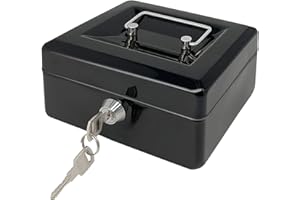 PACOLO Steel Cash Box with Key Lock, Metal Small Money Organizer with Money Tray,Cash Storage Box with Lockable Cover (Black - 6 inch)