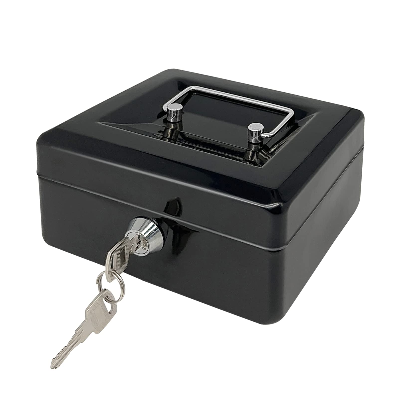 Steel Cash Box with Key Lock, Metal Small Money Organizer with Money Tray,Cash Storage Box with Lockable Cover (Black-15 * 12 * 8 CM)
