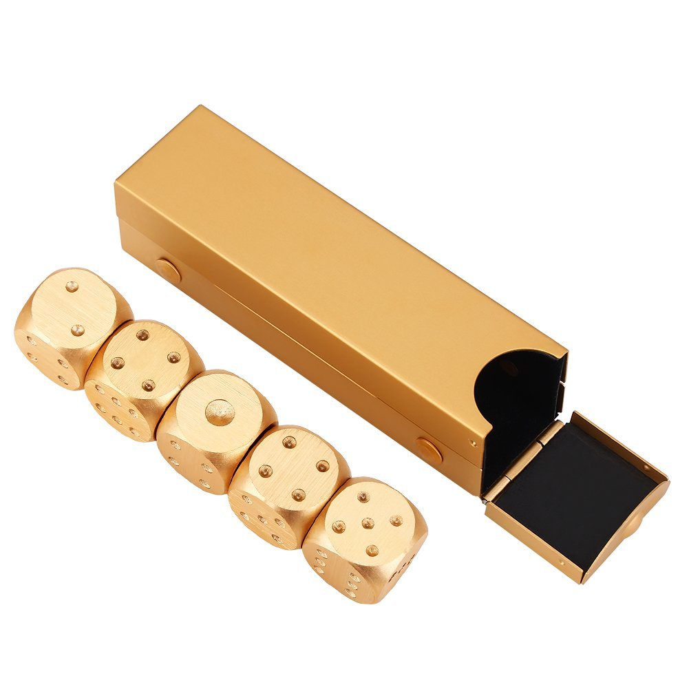 Gold Plated Dice, Aluminium Alloy 5 Piece Table Game Dice Set with Storage Box for Poker Monopoly Board Games Rectangle Box-Gold