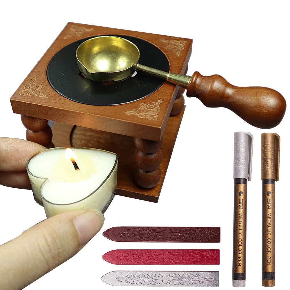 CRASPIRE 8PCS Wax Seal Kit, Wax Seal Warmer Melting Spoon Kit Wax Sticks Metal Spoon Holder Coloring Pen Heart Shape Tea Candle Melting Furnace Tool for Melting Wax Seal Sticks Beads