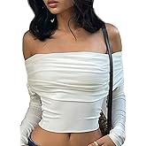 Xineicy Women's Off Shoulder Long Sleeve Tops Sexy Y2K Crop Top Going Out T-Shirt