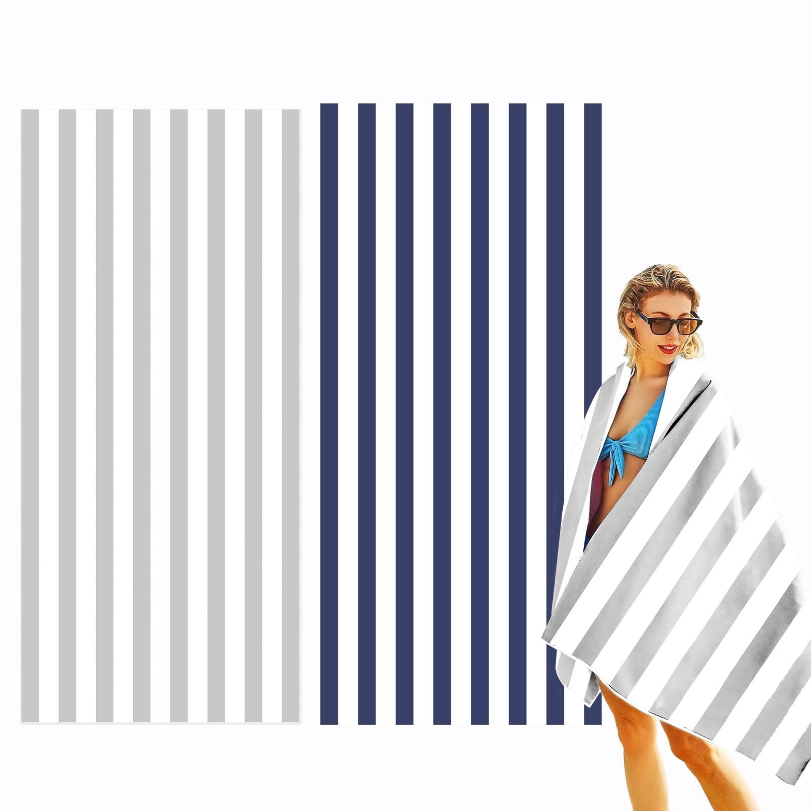 WIOSOUL 2 Pack Stripes Beach Towels for Adults Extra Large Microfiber Beach Towel 63"x31.5" with Mesh Bag,Quick Dry Beach Towel Travel Towel Beach Mat for Pool, Gym,Travel(Grey/Dark Blue)
